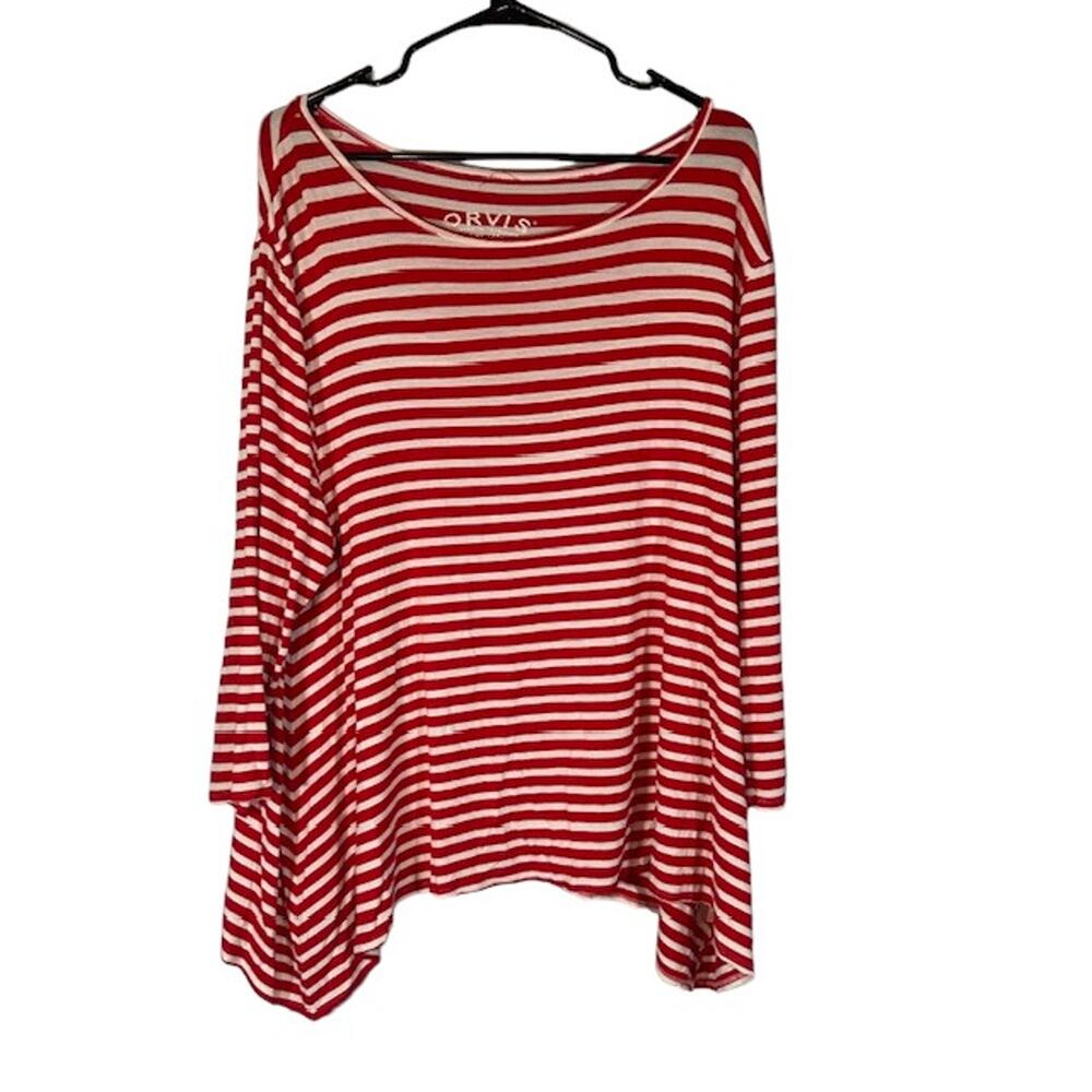 Orvis Red & White Striped Long Sleeve Asymmetrical Hem Blouse Women Sz M